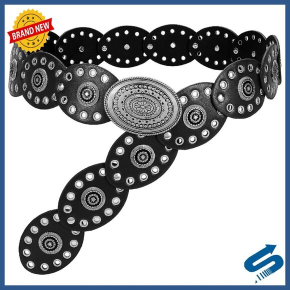 Accessories - Vintage Western Disc Concho Leather Belt Adjustable Hollow Boho Style